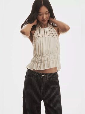 Sarah Hann Anthropologie | ivory crochet ruched halter tank top bohemian L NWT